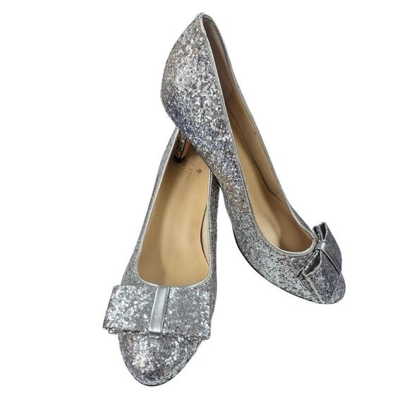 $298 Kate Spade NY Silver Glitter Krysta Pumps Shoes Heel 3” Bow 6M Worn Once - Picture 3 of 9